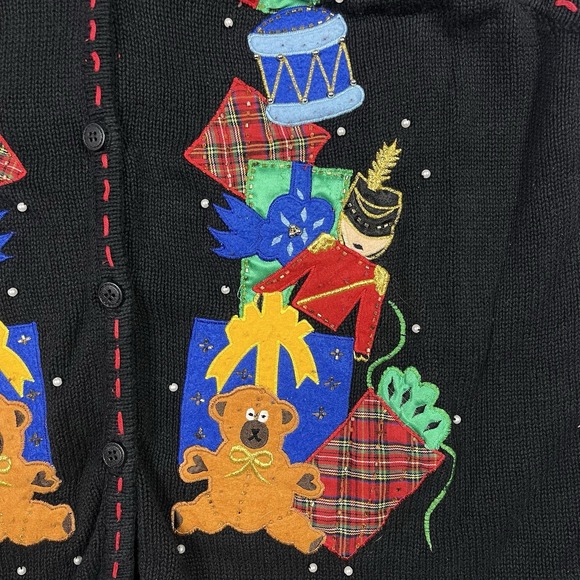VTG Bobbie Brooks Christmas Sweater Vest Black Presents Gifts Button Womens XL - Picture 2 of 8